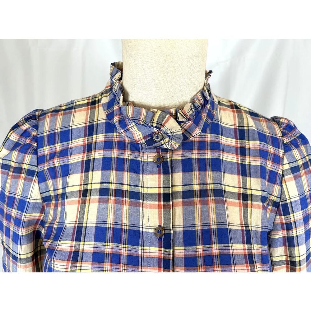 Sezane Plaid Telma Mini Dress Blue Ochre Tartan Ruffle Collar Wrap EU 38 US 6 - Picture 4 of 10